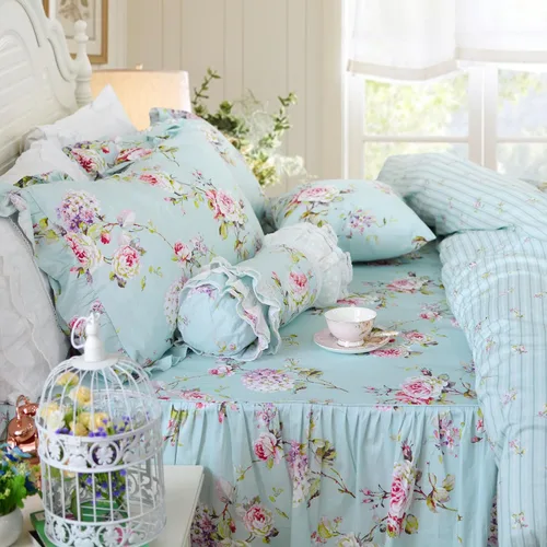 Vista 7 de FADFAY Juego de ropa de cama de algodón desgastado floral tamaño Queen 4 piezas en color azul claro con estampado de hortensias, estilo francés