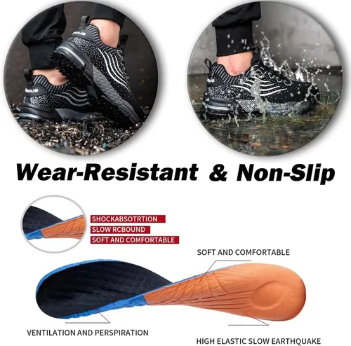 Vista 5 de Zapatos de punta de acero para hombres y mujeres, zapatos de seguridad ligeros, cómodos, con puntera de acero, zapatos de trabajo indestructibles