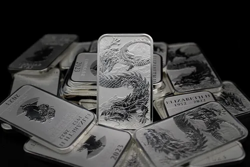 Vista 4 de 2018 - Presente (Año aleatorio) P 1 oz Lingote de Plata Australia Perth Mint Serie Dragón Moneda Rectangular Brillante sin Circular con Certificado