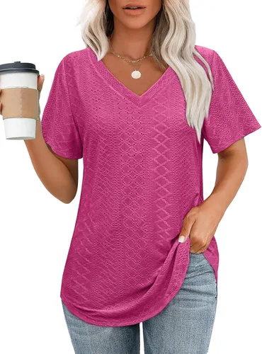 Vista 19 de OFEEFAN Camisetas básicas de manga corta con cuello en V para mujer, ajuste holgado, con dobladillo curvado B-verde