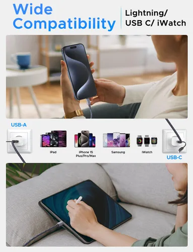 Vista 5 de Paquete de 2 cables USB C 3 en 2 actualizados para Apple Watch, cargador de iPhone, USB C, cable de carga rápida múltiple compatible con iWatch