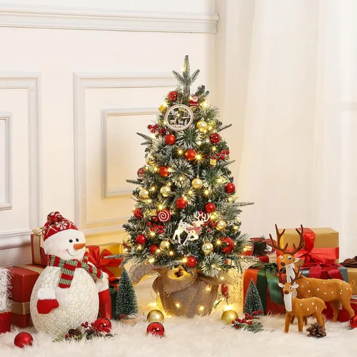 Vista 6 de GarveeHome Mini árbol de Navidad artificial preiluminado de 3 pies para mesa, árbol de Navidad con 85 luces LED blancas cálidas, base de bolsa