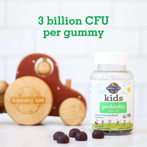 Vista 3 de Garden of Life Gomitas probióticas para niños, 3 mil millones de UFC, sabor a cereza, probióticos una vez al día sin azúcar para niños, probióticos