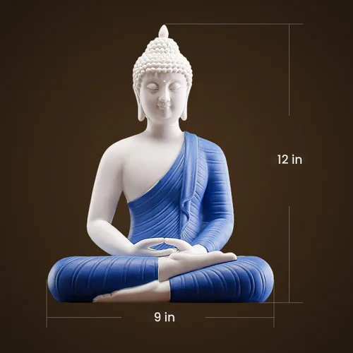 Vista 5 de QINLANG Estatua de Buda azul de 12 pulgadas para decoración del hogar, decoración de Buda de meditación de cerámica para el hogar