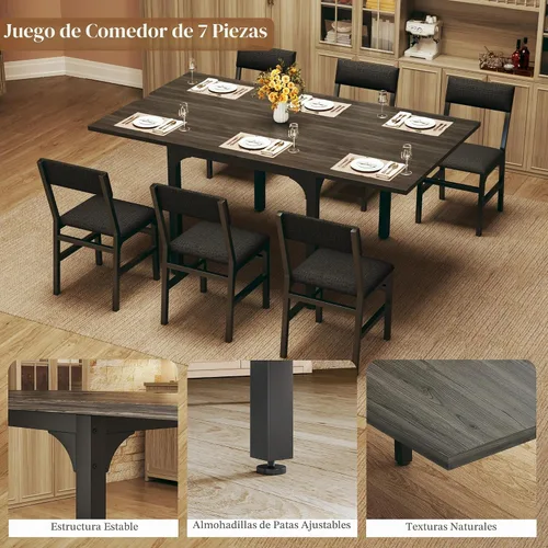 Vista 7 de Juego de mesa de comedor de 7 piezas para 4-6, sillas extensibles para mesa de cocina, juego de 6 con 6 sillas, mesa de comedor rectangular