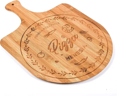 Vista 2 de Cáscara de pizza de bambú prémium de 12 pulgadas con mango Pala de pizza de madera, tabla de cortar para frutas, verduras, queso, pan
