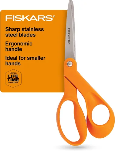 Vista 7 de Fiskars Tijeras originales de acero inoxidable con mango naranja de 8 pulgadas, ergonómicas y mantienen el material plano, tijeras afiladas