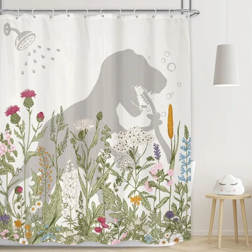 Vista 23 de LGhtyro Juego de Cortina de Ducha Divertida de Dinosaurio para Baño Pequeño 36Wx71H Pulgadas Dibujos Animados Niños Silueta de Dino Sombra de Animal