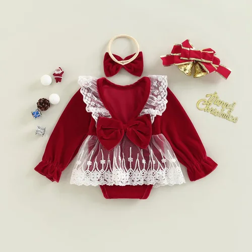 Vista 17 de Mameluco de Navidad para niñas recién nacidas, falda de malla de terciopelo rojo, traje de primera Navidad, regalo de Navidad