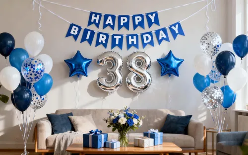 Vista 8 de Decoración de fiesta de cumpleaños número 30 para hombres, pancarta de feliz cumpleaños, color azul, plateado, número 30, globos de papel