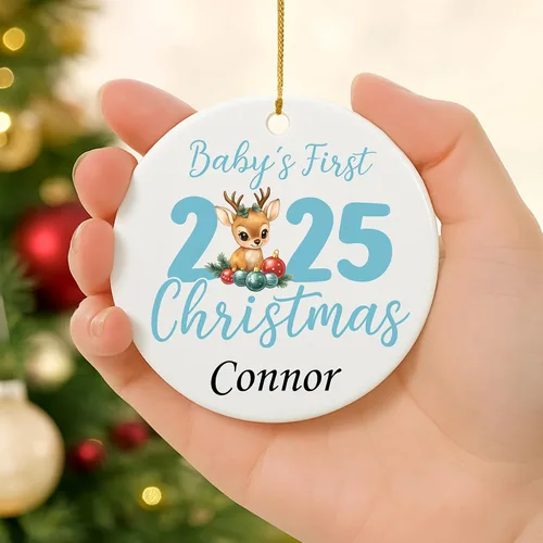 Vista 6 de Adorno personalizado para la primera Navidad del bebé 2025, recuerdo redondo de cerámica con nombre personalizado, decoración de árbol de Navidad