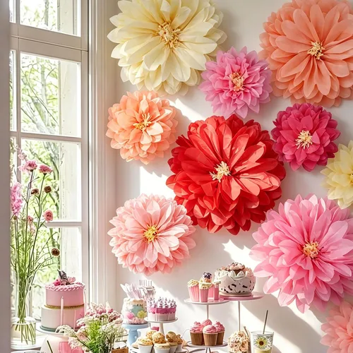 Vista 19 de Geyee 18 Piezas Flores de Papel Mexicanas Coloridas Fiesta Flores de Papel de Seda Pompones Carnaval Mexicano para Fondo Floral de Fiesta Boda