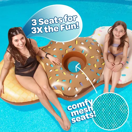Vista 4 de Flotador inflable gigante XL para 3 personas con cono de helado para piscina, casi 7 pies de largo. Asientos de malla, 4 veces más grueso para más