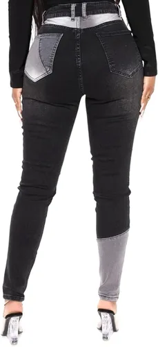 Vista 2 de vanberfia - Pantalones elásticos de cintura media para mujer diseño retazos de mezclilla