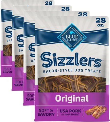 Vista 10 de Blue Buffalo Sizzlers Golosinas para perros estilo tocino con cerdo real de Estados Unidos, sabor cheddar, bolsa de 15 onzas