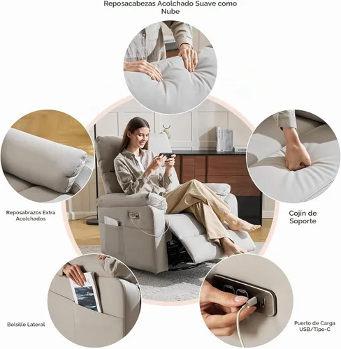 Vista 6 de Silla reclinable eléctrica con soporte lumbar ajustable, sillón reclinable giratorio con reposabrazos sobrerelleno, sillón reclinable para Gris