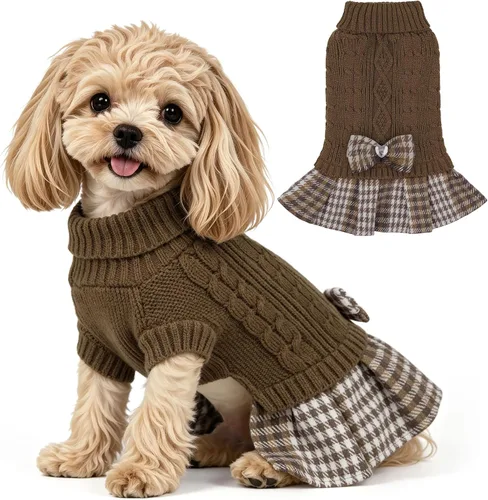 Vista 8 de WOYYHO Vestido de suéter para perro pequeño con corbatín, ropa de perro de Rosa polvoriento