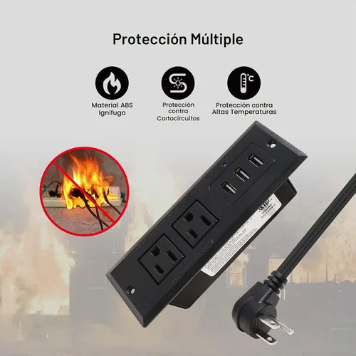 Vista 5 de Regleta de alimentación empotrable de escritorio con enchufe USB de montaje empotrado, 2 tomas de corriente, 3 puertos USB (15 W/3 A), estación