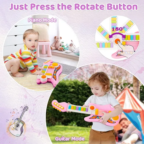 Vista 3 de Guitarra para niños 2 en 1 Instrumentos musicales para niños Piano para niños pequeños Juguete de guitarra eléctrica con correa Juguetes musicales
