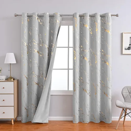 Vista 29 de WUBODTI Cortinas 100% Opacas de Mármol Beige de 63 Pulgadas de Largo 2 Paneles, Cortina Corta con Ojales de Impresión de Lámina Dorada Moderna