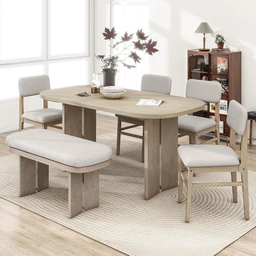Vista 21 de JIVOIT Farmhouse 6 Piece Dining Table Set, Counter Height Table Set with 4 Chairs and a Bench, Rubber Wood Expandable Bar Table Set with Rivet Gris-3
