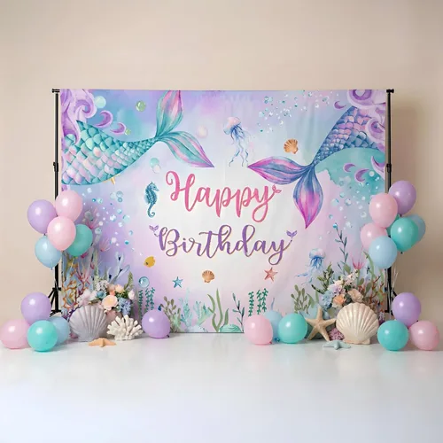 Vista 2 de Mocsicka Telón de fondo de cumpleaños de sirena de 7 x 5 pies, decoración de fantasía bajo el mar, decoración para niñas, fondo de fotografía