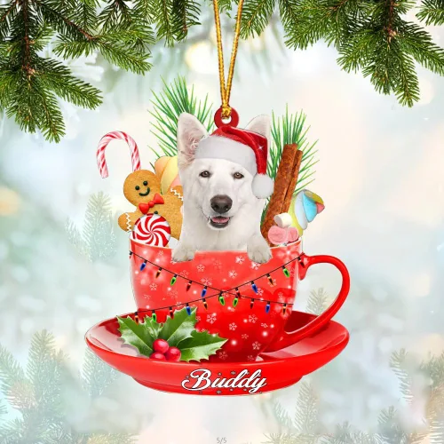 Vista 8 de Alaskan Malamute - Adorno de tetera de perro sentado en una tetera de Navidad, adorno de Navidad con nombre personalizado, adorno de automóvil