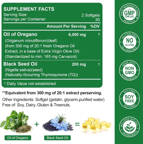 Vista 7 de Nature's live Aceite de orégano con aceite de semilla negra, suplemento de orégano 2 en 1 para la salud inmunológica, retiene carvacrol