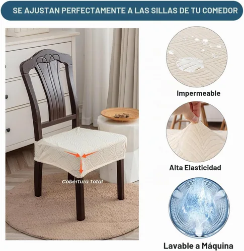 Vista 2 de Fundas de asiento para silla de comedor, extraíbles y lavables, juego de 2, fundas de cojín de asiento de silla de jacquard, protectores Beige