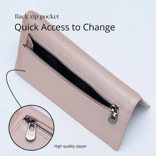 Vista 5 de Bveyzi Billeteras de cuero ultrafino con bloqueo RFID para tarjetas de crédito, billetera plegable para mujer, Oro Rosa, Cartera Rfid