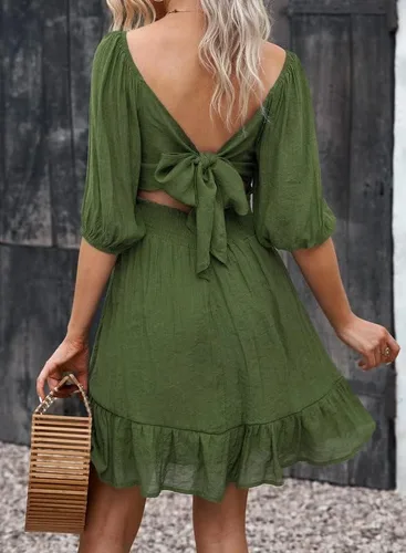 Vista 2 de Dokotoo Womens Summer Dresses Square Neck Lantern Sleeve Tie Backless Ruffle A-Line Casual Dress