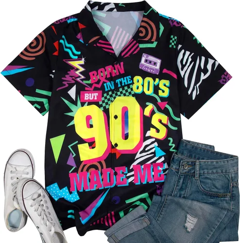 Vista 7 de MYHALF Traje de los años 80 para mujer, camisas de neón de los años 80, trajes de fiesta temática de los años 80 y 90, trajes retro de manga corta