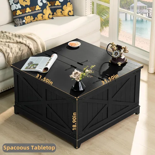 Vista 2 de Joaxswe - Mesa de café de granja con organizador de almacenamiento oculto, mesa central cuadrada grande en negro, mesas bajas de sala de estar