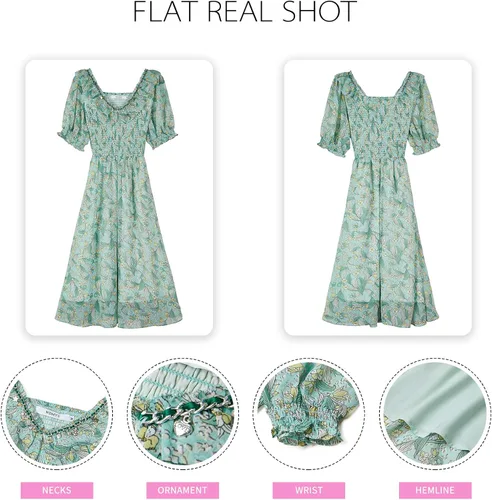 Vista 6 de Vestido bohemio para mujer, cuello en V, vestido floral de verano, vestido con volantes con manga abombada, vestido vintage de playa acampanado