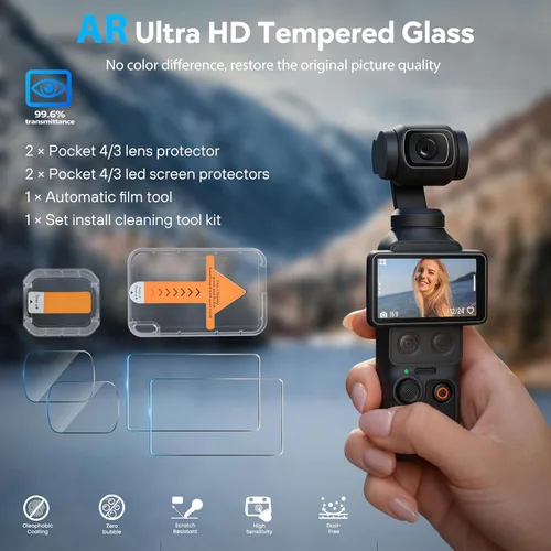 Vista 6 de Tomat AR - Protector de pantalla para DJI Osmo Pocket 4/Pocket 3, 2 unidades Auto-Align Install Kit, Anti Reflective, HD Tempered Glass, Screen