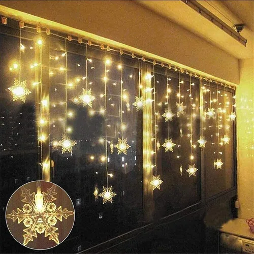 Vista 6 de Guirnalda de luces LED para cortina, 96 luces LED colgantes de hadas impermeables, luces de copo de nieve de Navidad con control inalámbrico