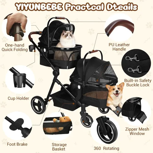 Vista 2 de Carriola doble plegable para mascotas para 2 gatos y perros pequeños y medianos, carriola integrada ligera para mascotas, individual y doble