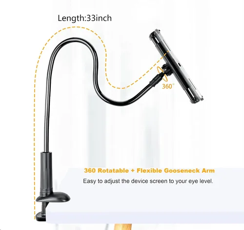 Vista 4 de Soporte para Tableta y Teléfono con Cuello de Cisne Soporte para Kindle para Cama Soporte flexible de 33 pulgadas con abrazadera de brazo largo