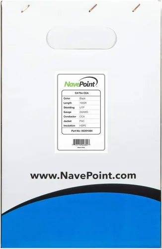 Vista 2 de NavePoint CAT5e (CCA), 1000 pies, negro, cable Ethernet sólido a granel, 24AWG 4 pares, par trenzado sin blindaje (UTP)
