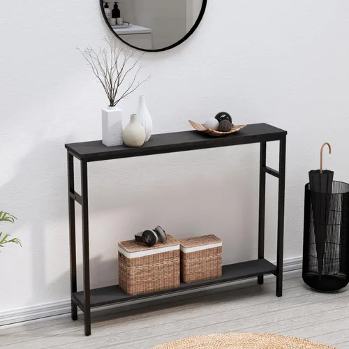Vista 9 de Timberer Mesa consola estrecha, mesa de sofá de 39.4 pulgadas con estante ajustable, mesa delgada de 2 niveles para pasillo, entrada, sala de estar