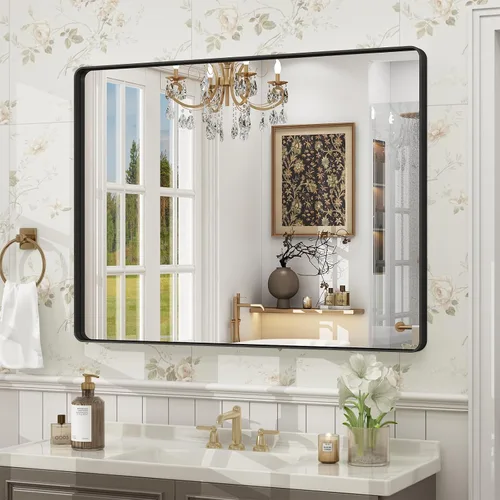 Vista 54 de Espejo rectangular para pared de baño de 20x30 pulgadas con marco negro mate, espejo de tocador con esquinas redondeadas, espejo de baño de metal