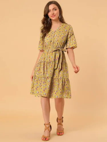 Vista 4 de Allegra K Vestido floral con dobladillo escalonado y volantes para mujer, cintura con lazo y cuello en V, manga acampanada, M