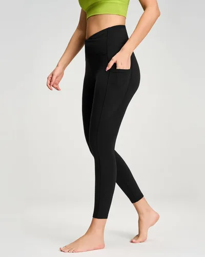 Vista 2 de QUEENIEKE Leggings cruzados para mujer, cintura alta, suaves, con control de abdomen, pantalones de yoga con bolsillos