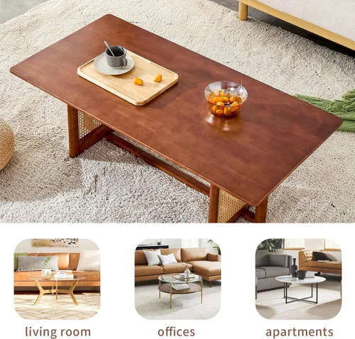 Vista 6 de LKTART Mesa auxiliar para sala de estar, mesa rectangular de madera maciza, moderna mesa de centro de ratán de imitación, patas cruzadas, mesa de té