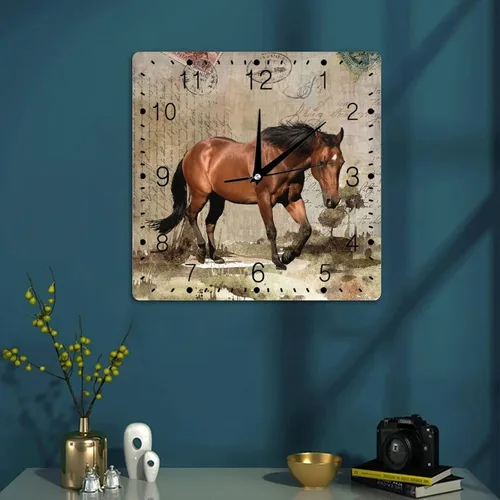 Vista 7 de Reloj de pared de madera moderno de estilo rústico vintage de 10 x 10 pulgadas, funciona con pilas, silencioso, sin tictac, patrón de caballo