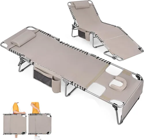 Vista 8 de Silla de bronceado resistente con orificio facial, ajustable, 5 posiciones, tumbonas plegables para exteriores, portátiles, planas, para la playa