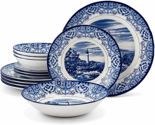 Vista 16 de TUDOR ROYAL - Juego de vajilla redonda de porcelana de 12 piezas, servicio para 4, diseño azul aster, multicolor floral, platos, tazones, tazas