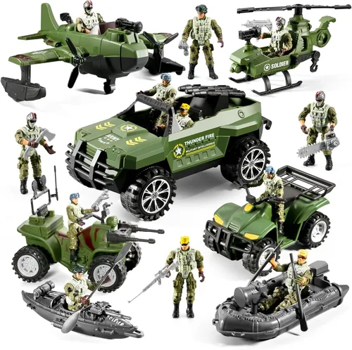Vista 8 de Conjunto de juguetes de hombres del ejército de 78 en 1 con camión militar realista/helicóptero/barco kayak/motocicleta/figuras de acción de hombres