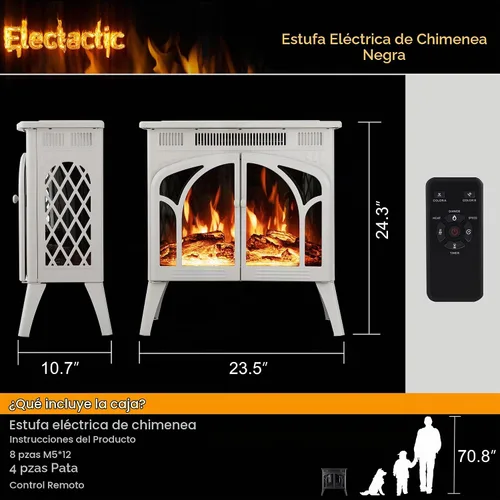 Vista 2 de Electactic - Estufa eléctrica de 24 pulgadas, estufa de chimenea infrarroja independiente, llama 3D controlable, 4 colores variables de llama y Beige