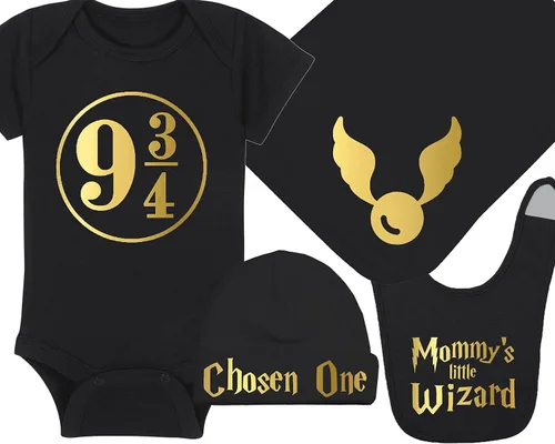 Vista 47 de Sombrero de bebé Wizard - Chosen One (tela negra - diseño dorado)